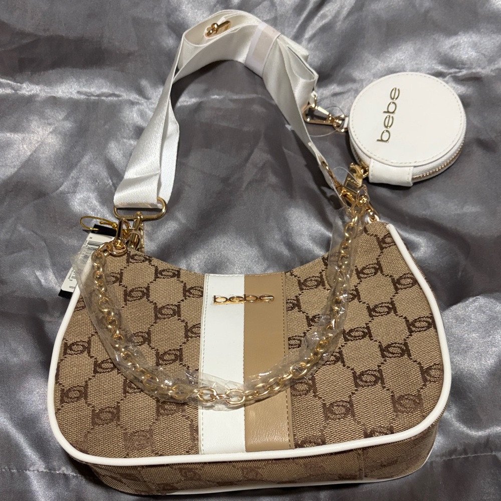 Bebe Tan and White Logo Shoulder Bag